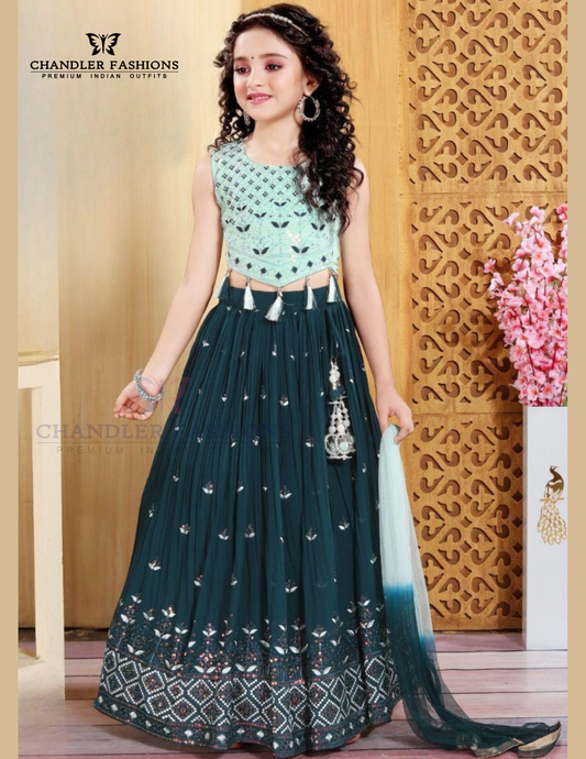 Charming Sea Blue Color Embroidery And Sequins Work Choli Set With Dupatta For Girls