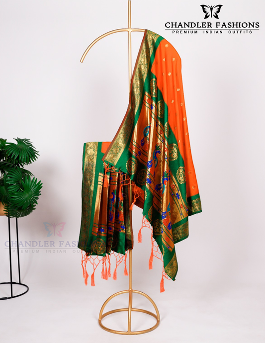 Pretty Orange And Green Color Weaving Zari Work With Tassels Jacquard Dupatta For Women