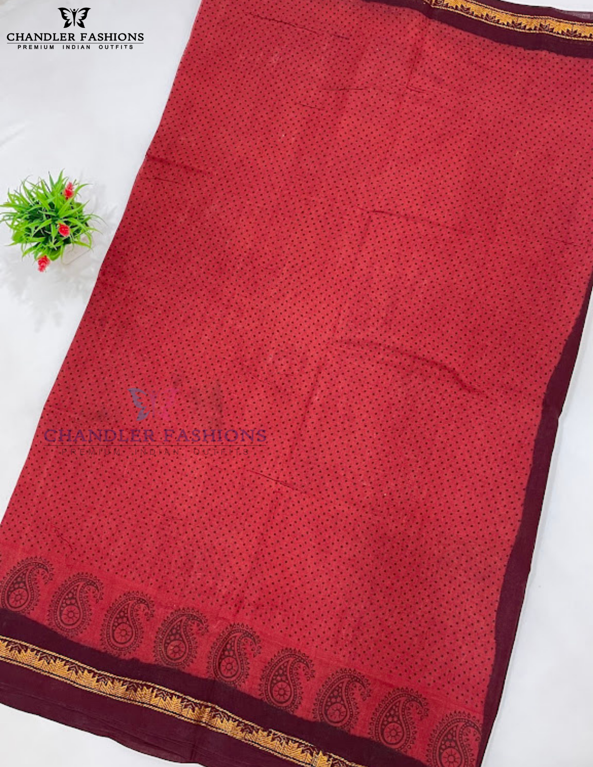 Red Color Cotton With Printed Work Saree In USA