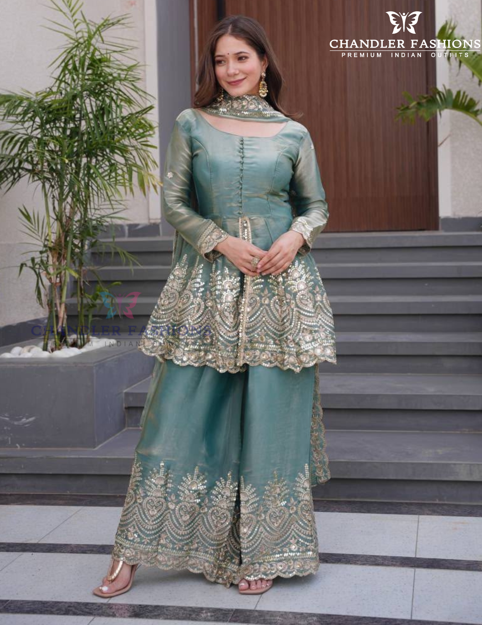 Sea Green Color Fendi Silk With Embroidery Work Palazzo Suits In USA