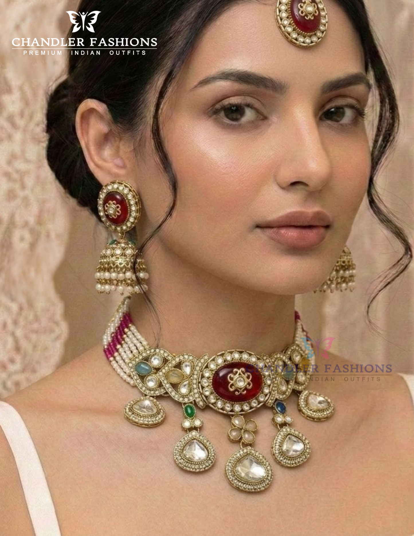 Fabulous Antique Gold Multicolor Stone Design Necklace With Maang Tikka And Earrings