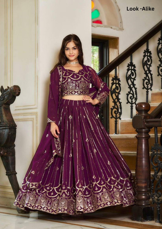 Attractive Purple Color Faux Georgette Sequins Work Lehenga With Dupatta