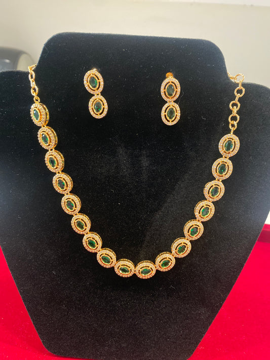 Beautiful Green And White Stones Gold Plated Necklace With Earrings Set