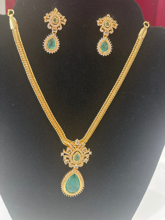 Elegant Teal Green Stones Gold Plated Necklace Set With Earrings For Women