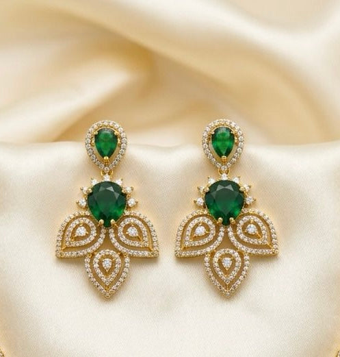 Stunning Emerald Green American Diamond Gold Plated Necklace With Earrings