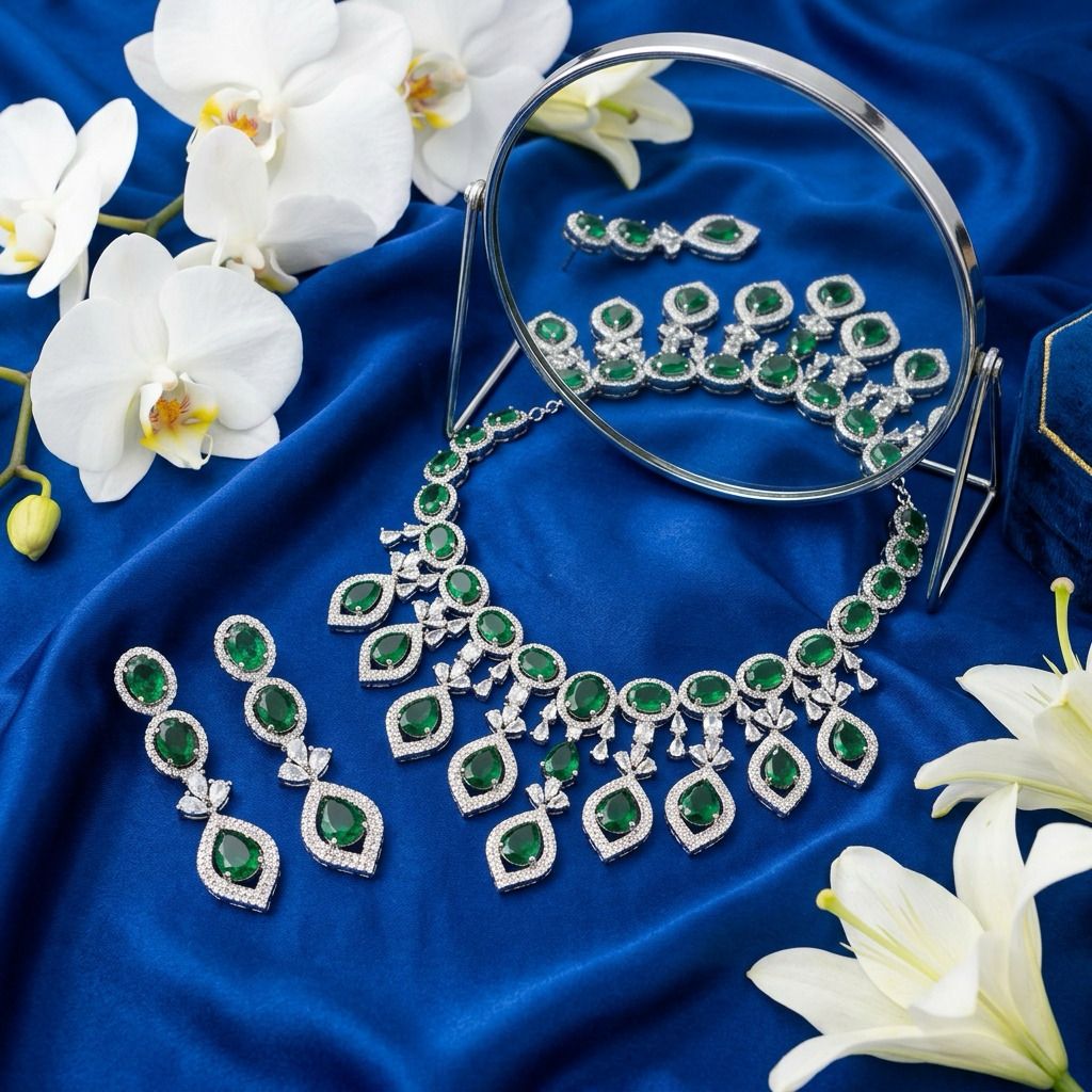 Stunning Emerald Green And White Stones Silver Plated Necklace With Earrings Set