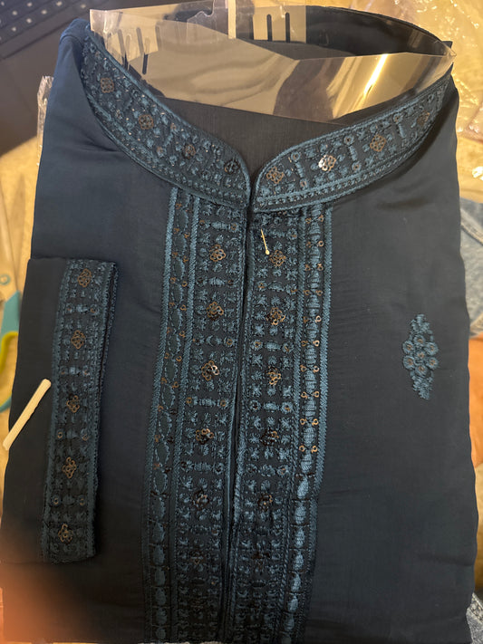 Charming Teal Blue Colored Embroidery Work Silk Kurta Suits For Men