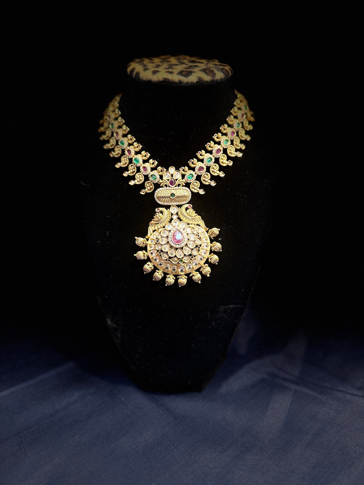 Dark Pink And Green Color Stones Gold Plated Designer Set With Earrings For Women In USA