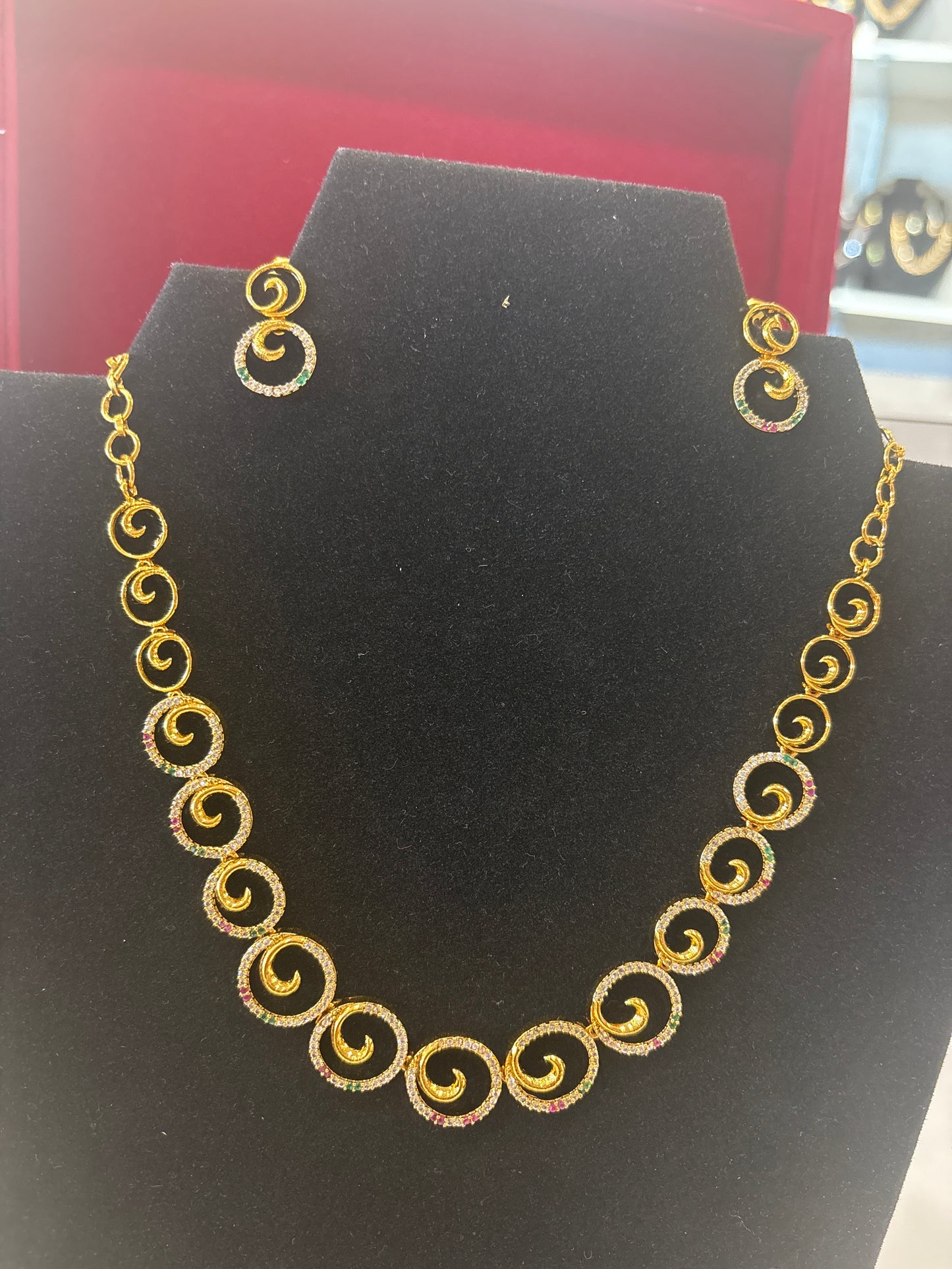 Attractive White, Green and Red Stones  Gold Plated Necklace With Earrings