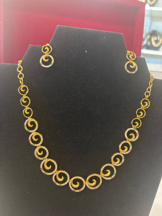 Attractive White, Green And Red Stones Gold Plated Necklace With Earrings
