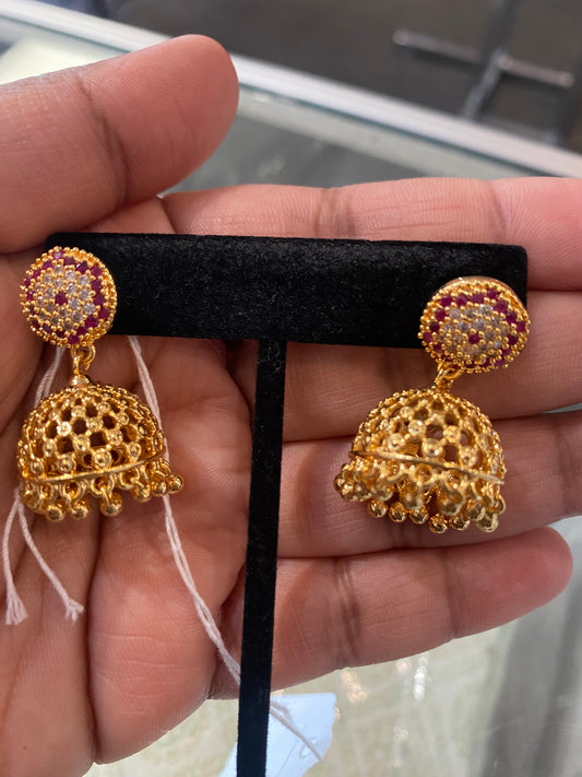 Alluring Pink And White Stones Gold Plated Jhumkas For Women