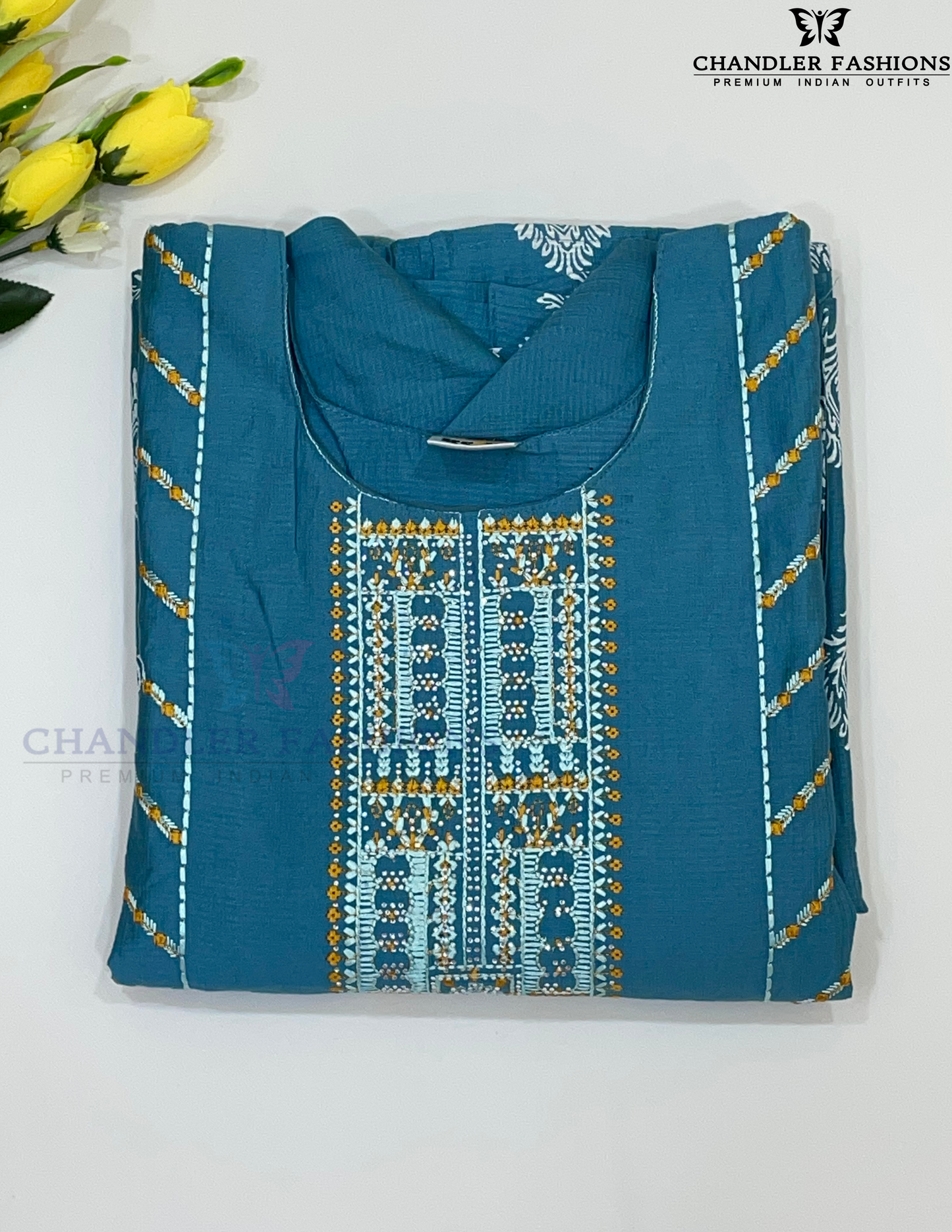 Attractive Teal Blue Color Cotton With Embroidery Sequins Work Kurti For Women Near Me