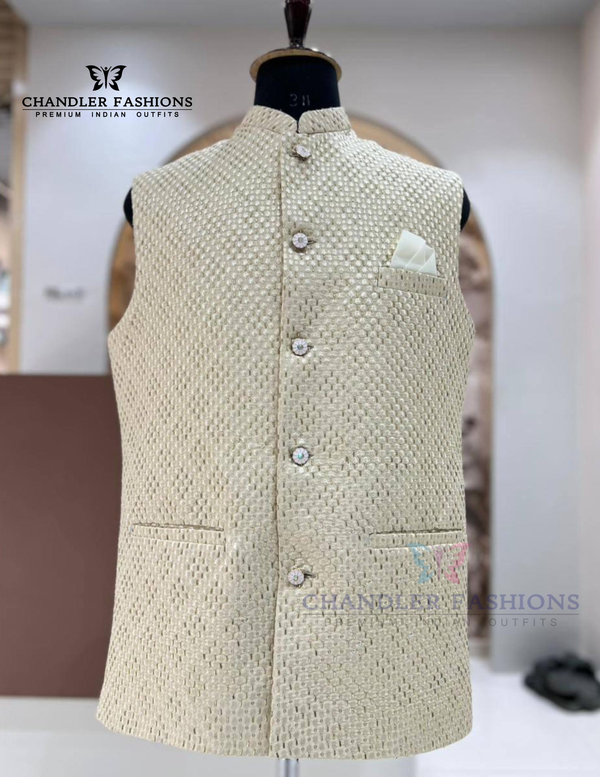Alluring Beige Color Silk With Sequins Work Men's Jacket