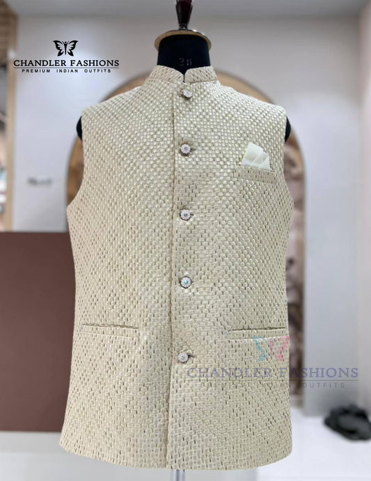 Alluring Beige Color Silk With Sequins Work Men's Jacket