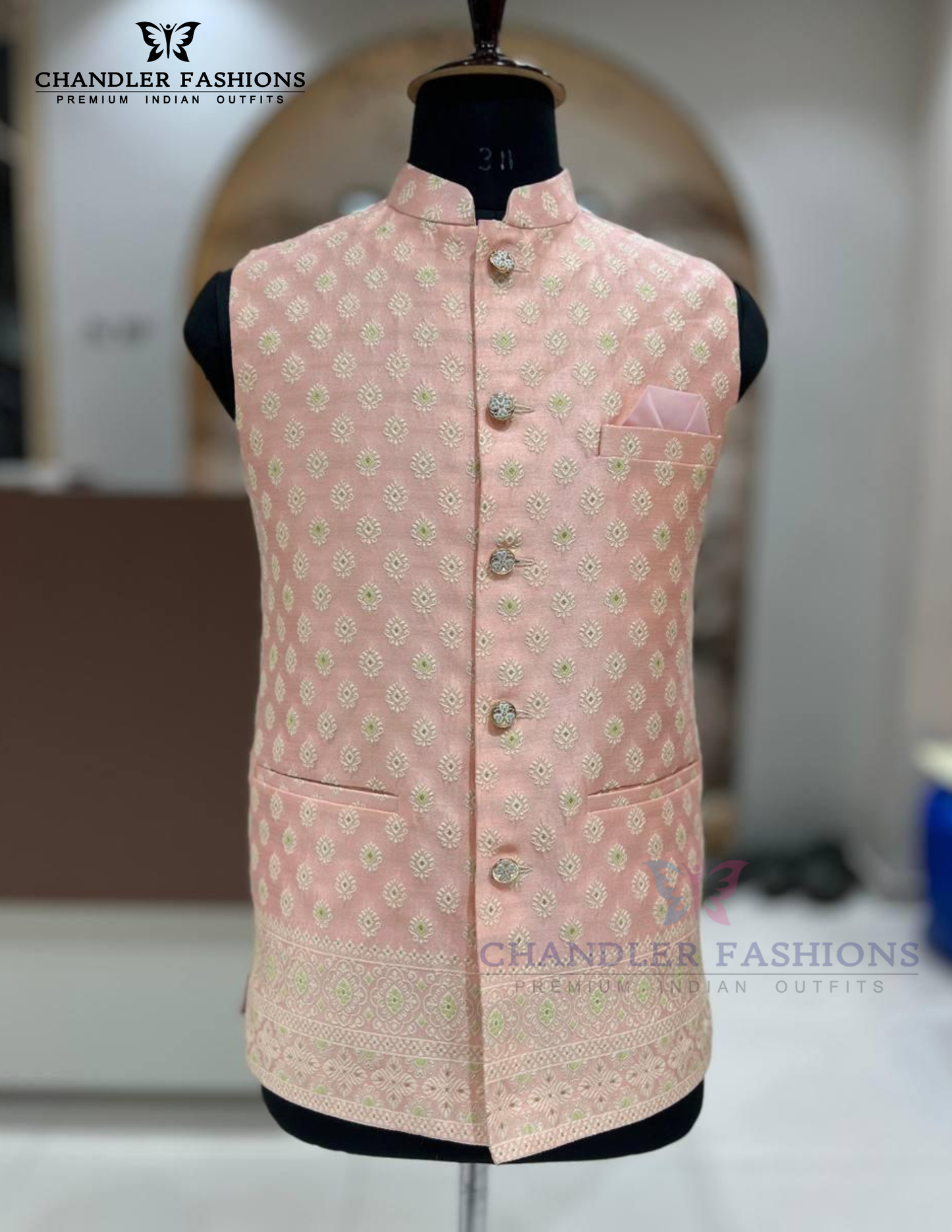 Attractive Peach Color Designer Men's Jacket With Embroidery Work