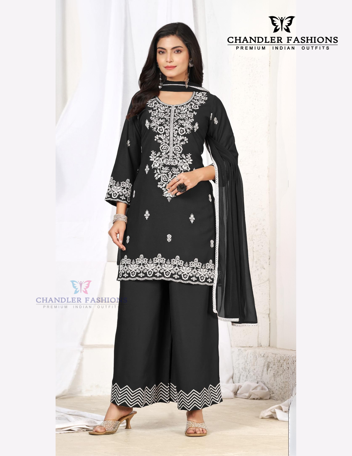 Charming Black Color Rayon With Thread Work Palazzo Suits For Women