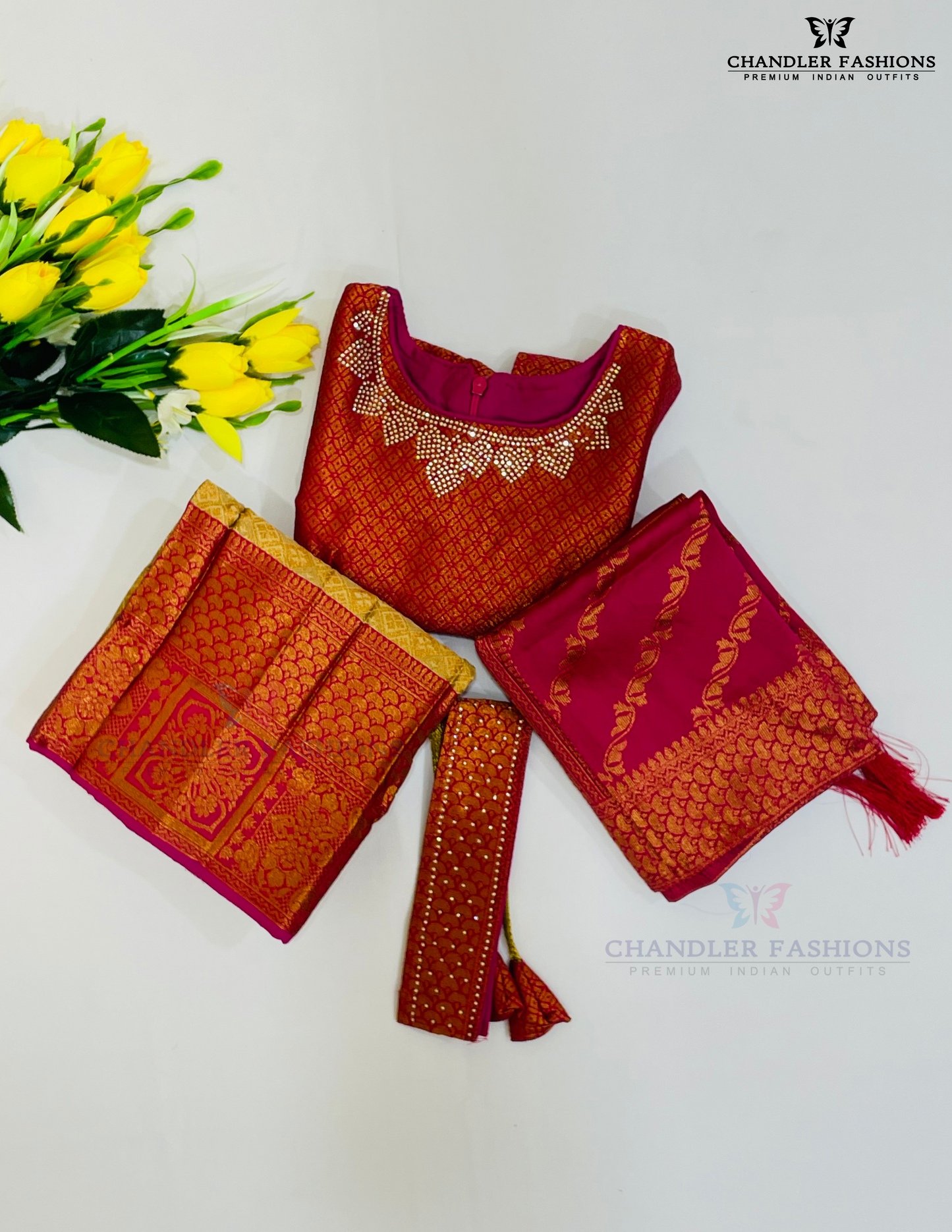 Pleasing Pink Color Art Silk Choli Sets With Stone Work And Belt In Tempe