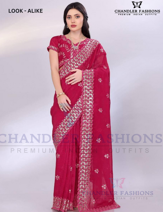 Wonderful Red Color Gold Tussar Sequins Saree With Embroidery Work
