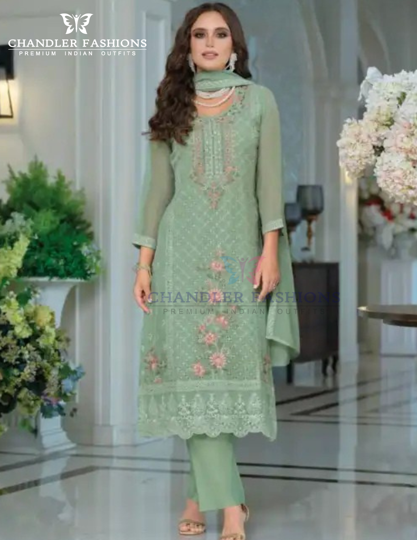 Alluring Light Green Color Chinon With Embroidery Work Salwar Suits For Women