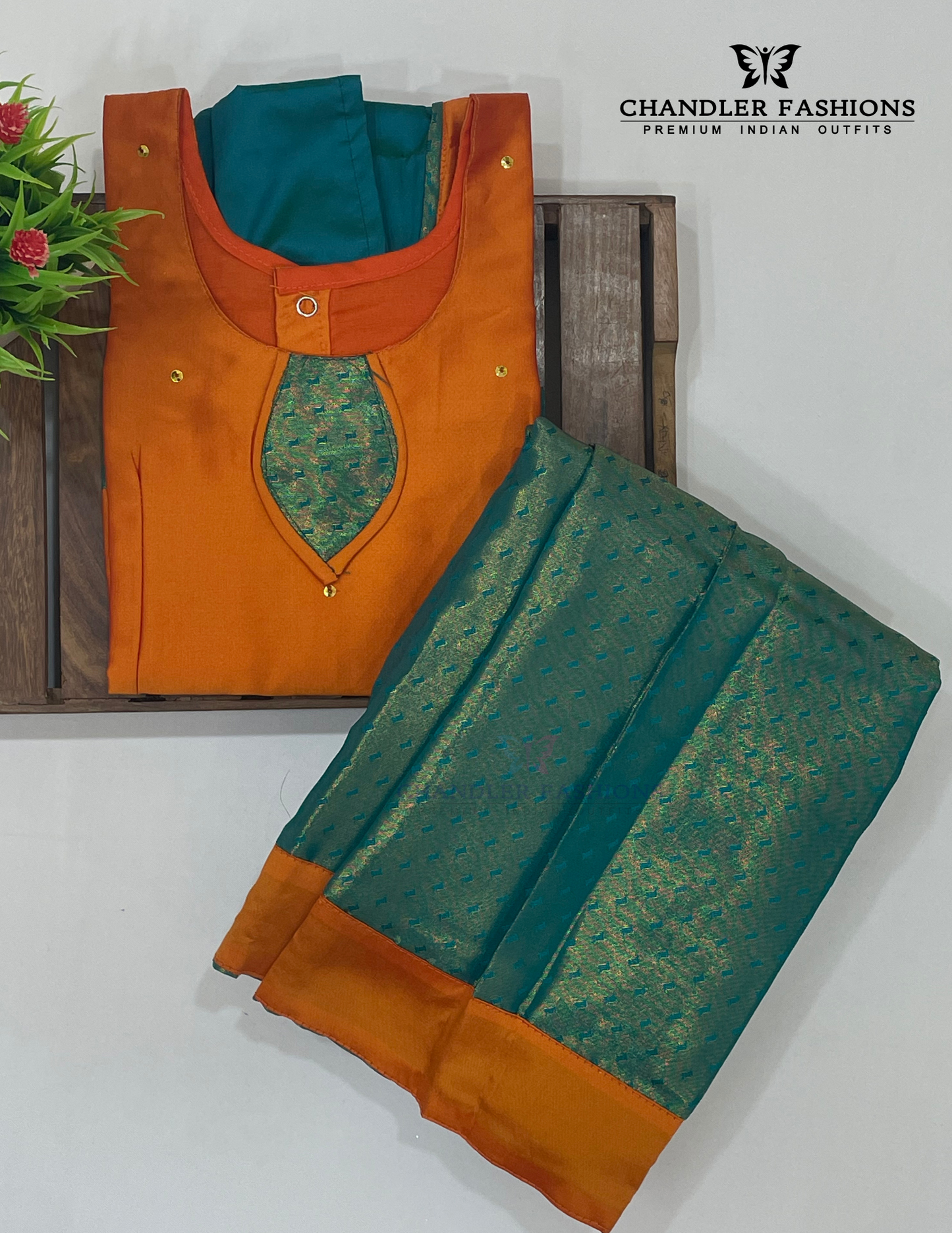 Orange And Green Colored Silk Langa Sets In USA