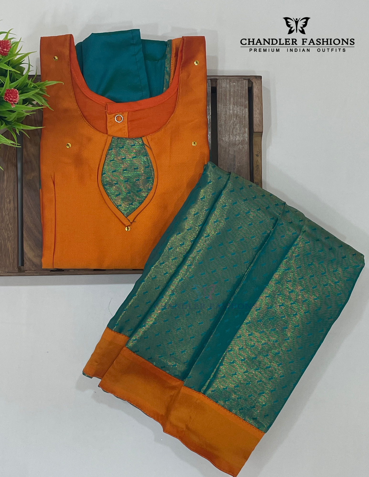 Orange And Green Colored Silk Langa Sets In USA