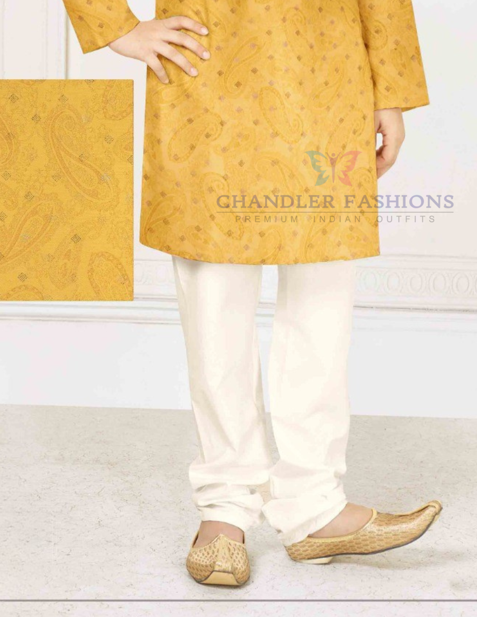 Mustard Yellow Print Work Kurta And Pajama Set In USA