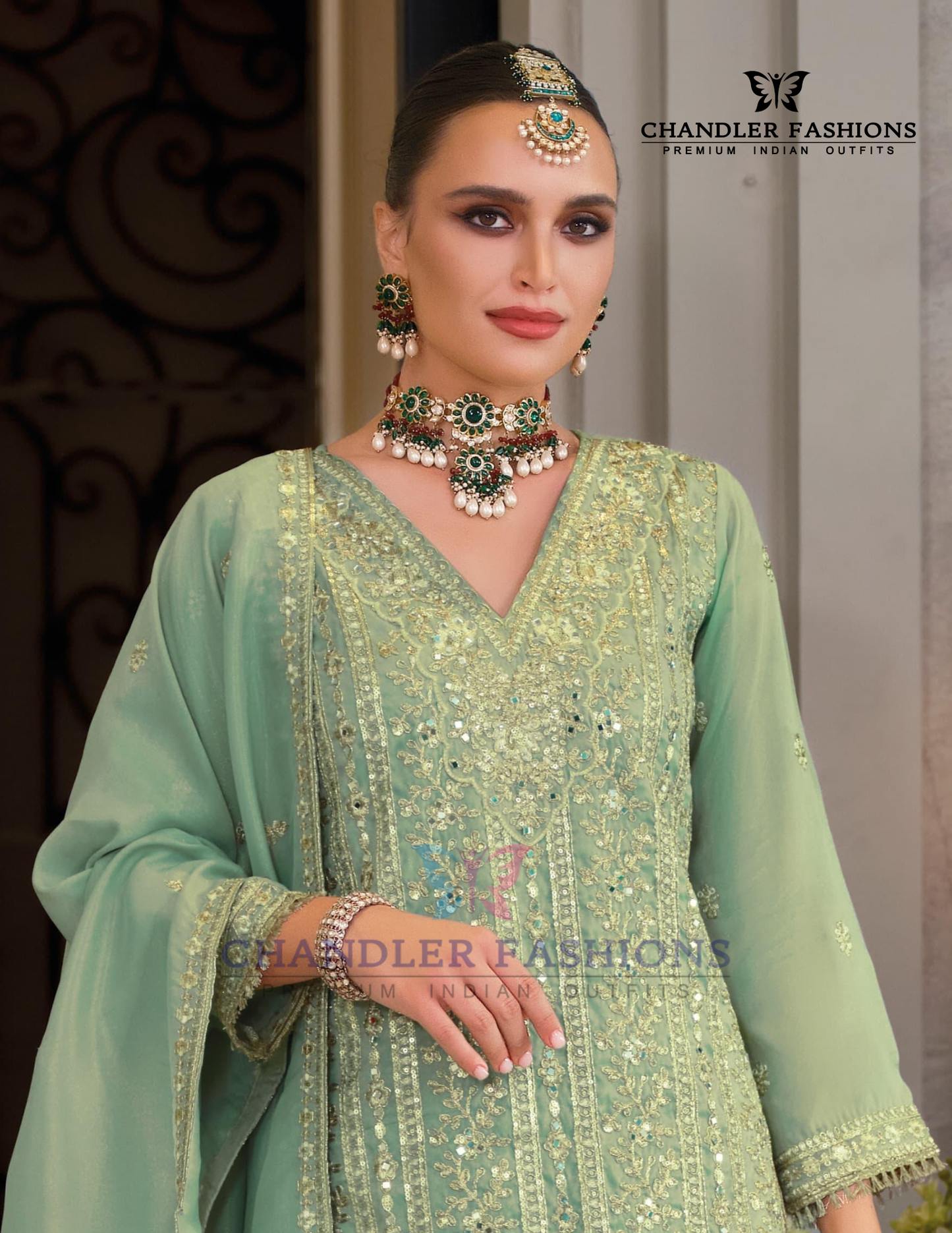 Light Green Color Shimmer With Embroidery Work Palazzo Suits And Dupatta In USA