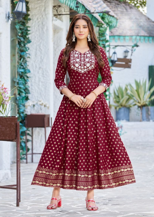 Ravishing Maroon Colored Rayon printed With embroidery work Long Anarkali Gown