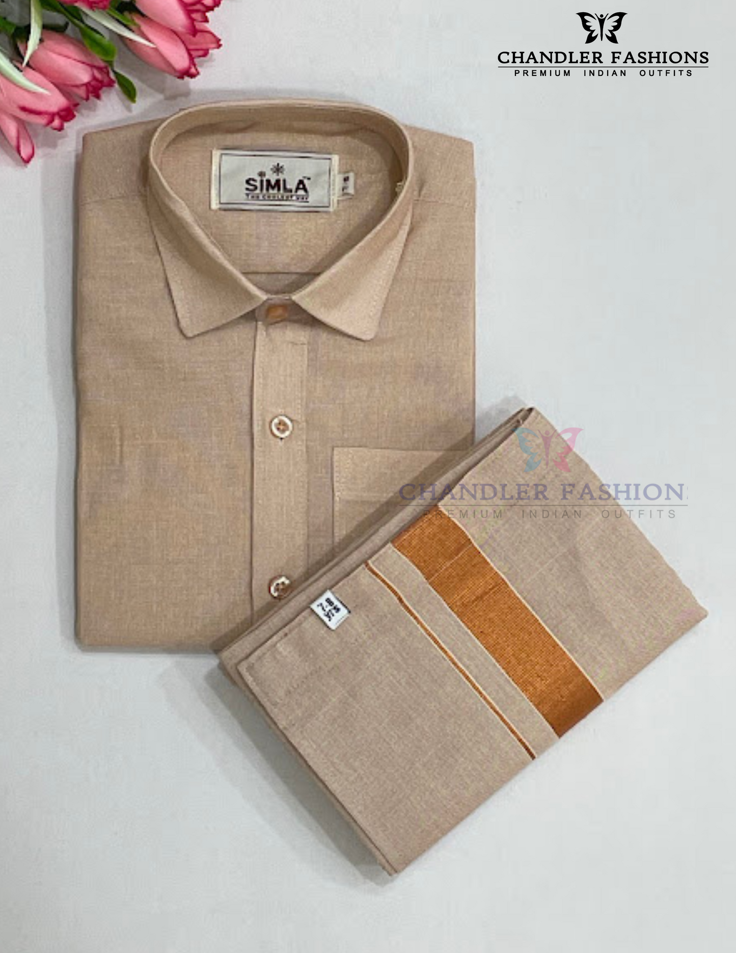 Pleasing Copper Color Cotton Shirt With Tissue Zari Work Dhoti Set For Kids Near Me