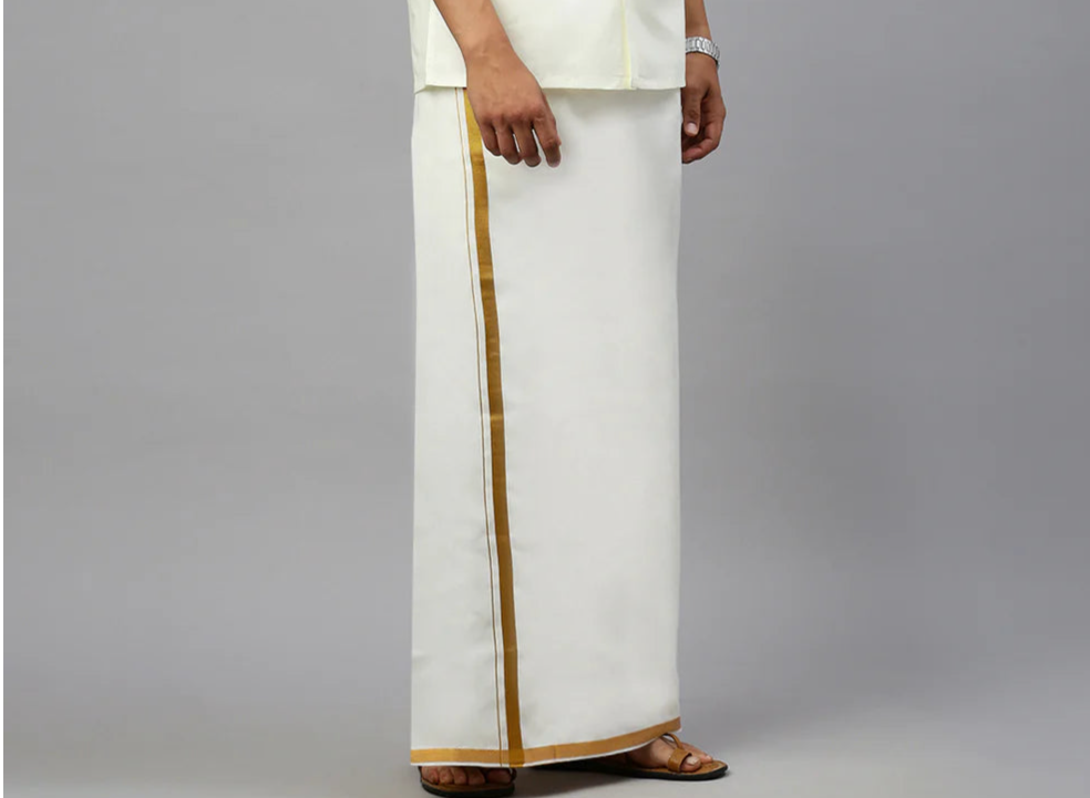 Elegant Premium White Color Cotton Dhoti With Golden Zari Border For Men Near Me