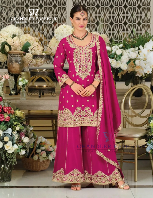 Elegant Rani Pink Color Chinon Silk Sequins And Embroidery Work Palazzo Suits For Women