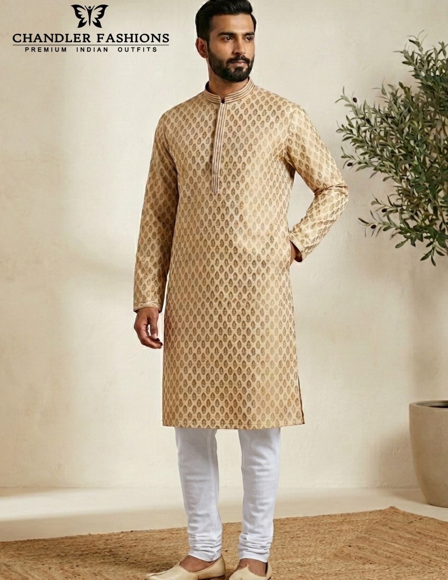 Beautiful Beige Color Designer Men's Kurta With Pajama Pant