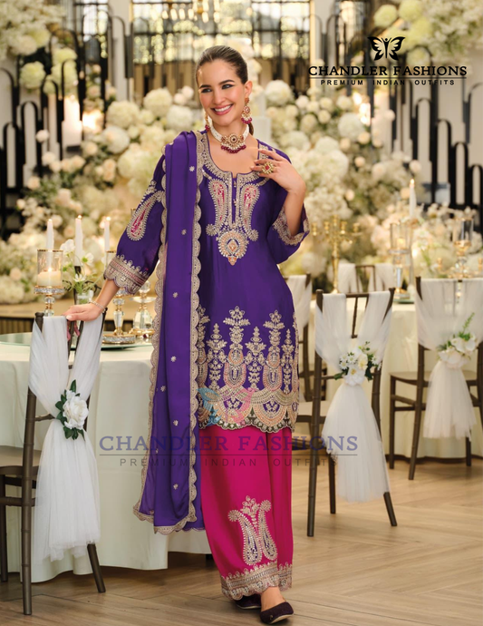 Attractive Purple Color Chinon With Embroidery Work Palazzo Suits And Dupatta