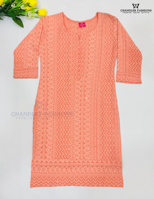 Attractive  Peach Color Soft Cotton With Chikankari Work Kurti For Girls