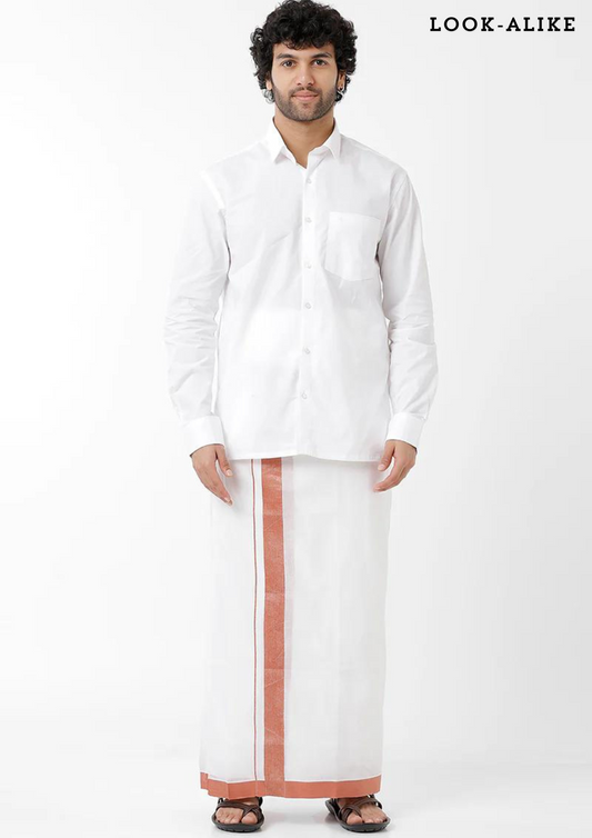 Gorgeous White Color Cotton Shirt And Copper Border Dhoti Set For Men