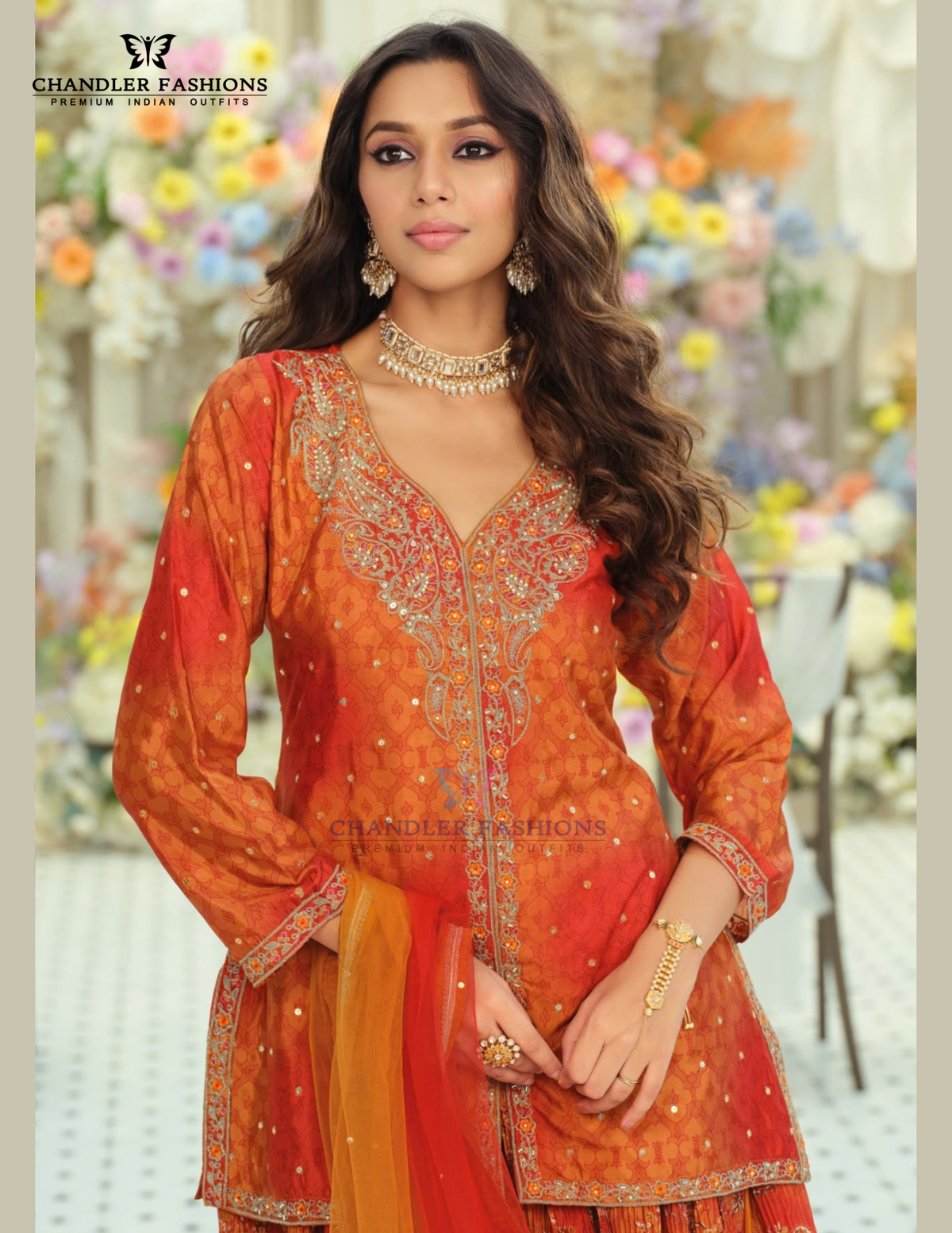 Orange Color Embroidery Work Palazzo Suit In Tempe