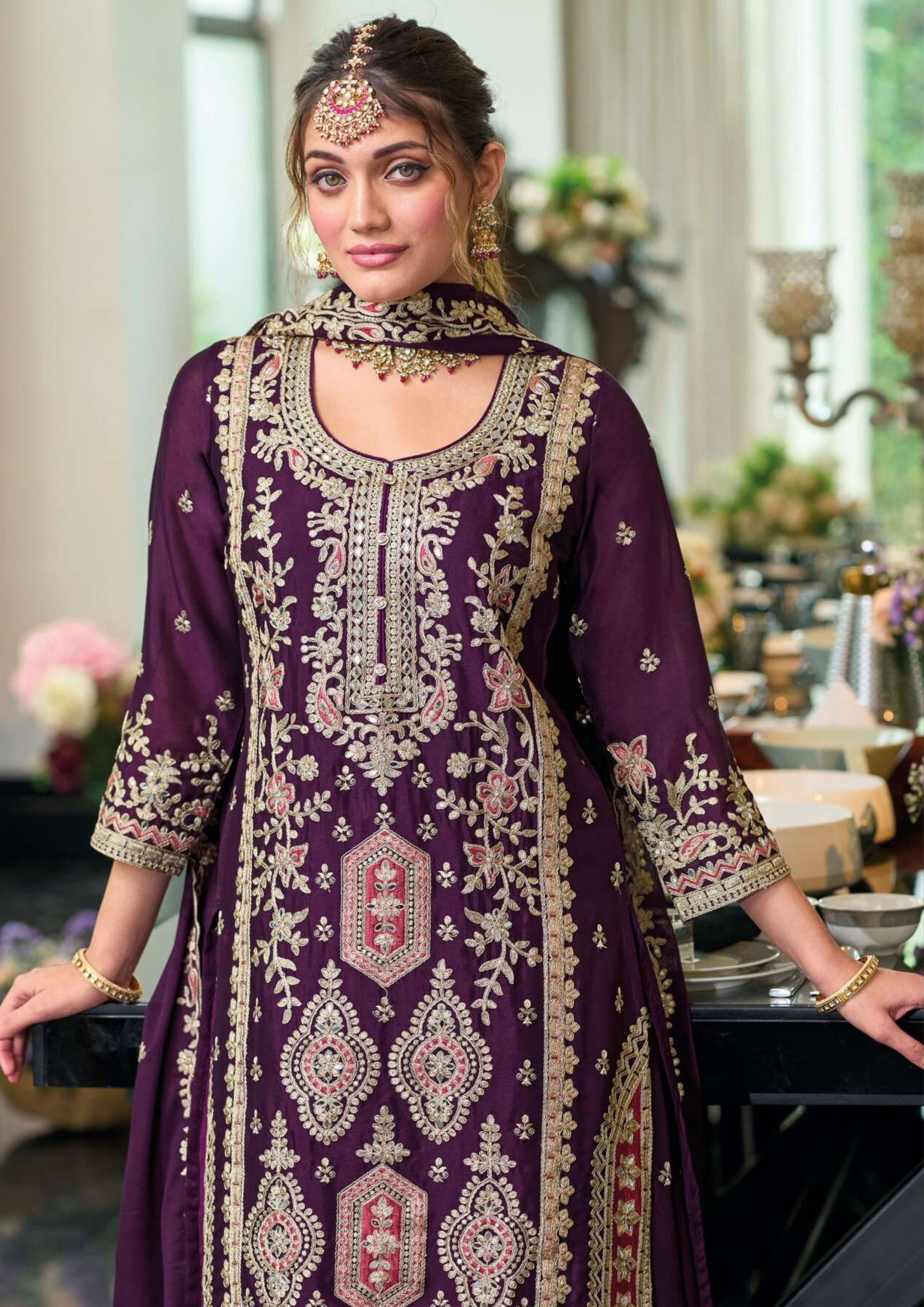 Purple Color Party Wear Heavy Chinon Palazzo Suits Near Me