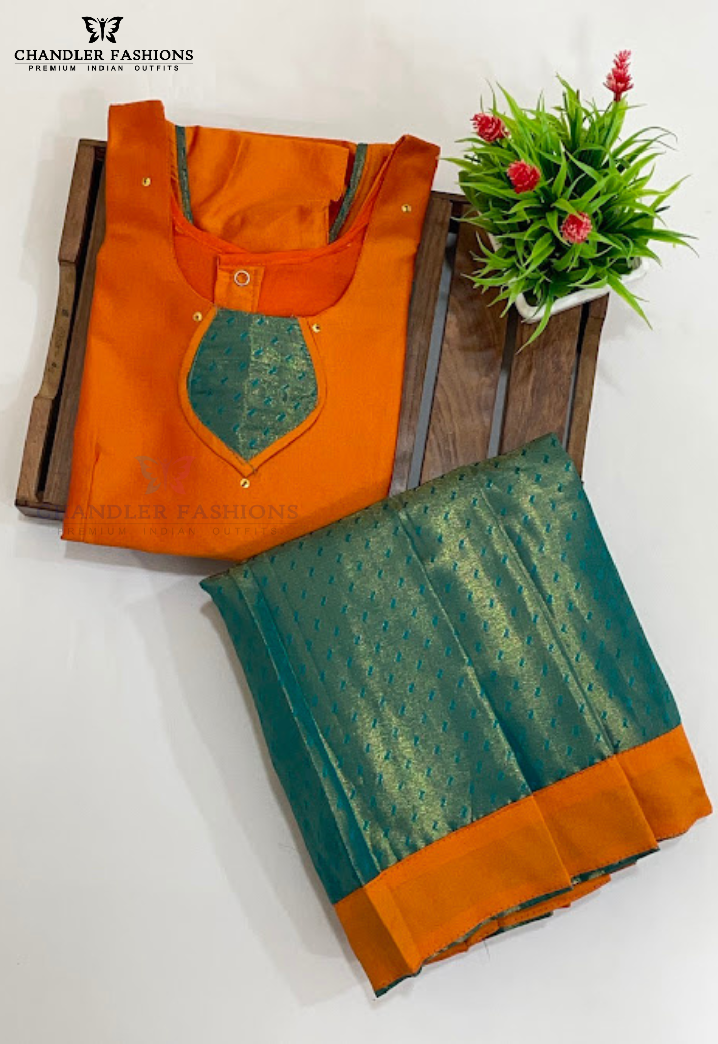 Elegant Orange Color Silk Langa Sets With Zari Work For Girls
