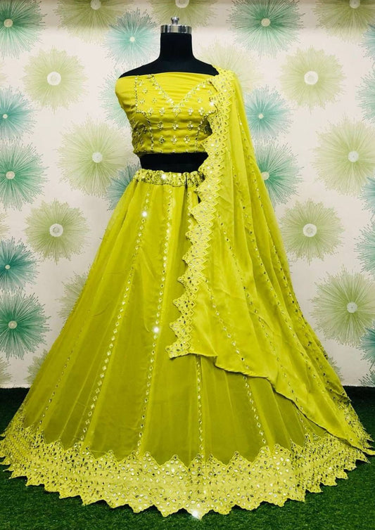 Beautiful Yellow Colored Georgette Embroidery Work Lehenga With Dupatta