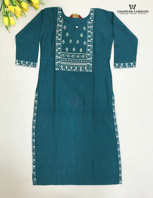 Alluring Teal Blue Color Cotton With Embroidery Work Kurti For Girls