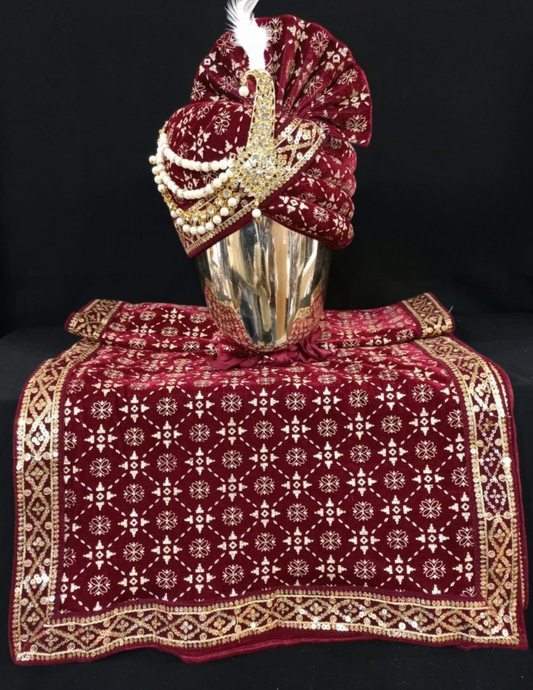 Captivating Maroon Color Sequins And Beads Work Men's Wedding Turban
