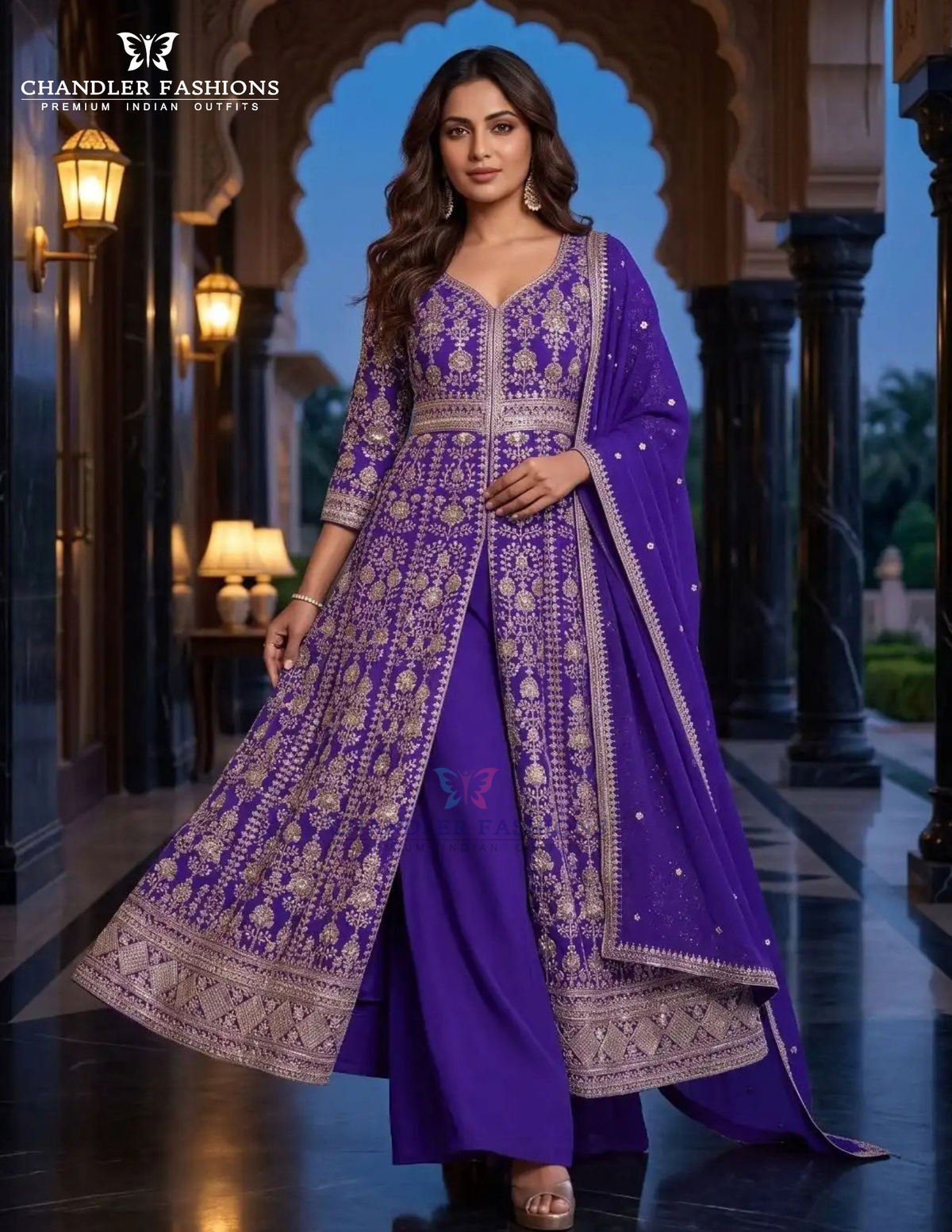 Wondlerful Purple Color Chinon With Embroidery And Thread Work Palazzo Suit For Women