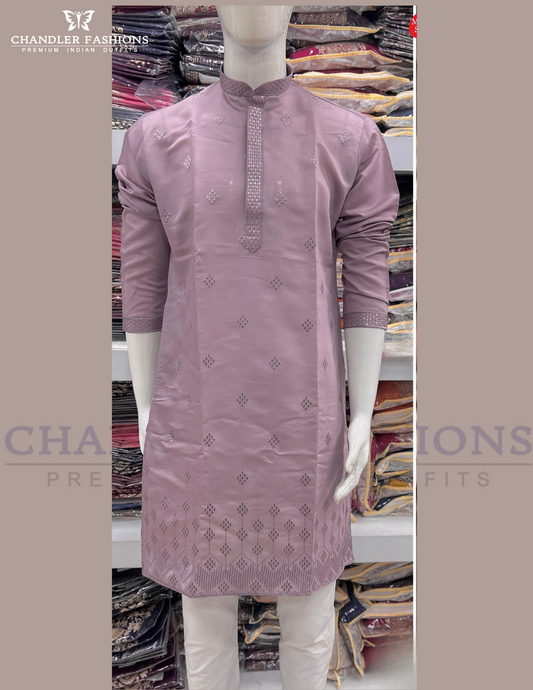 Wounderful Light Purple Color Silk Kurta With Embroidery Work Pajama For Men