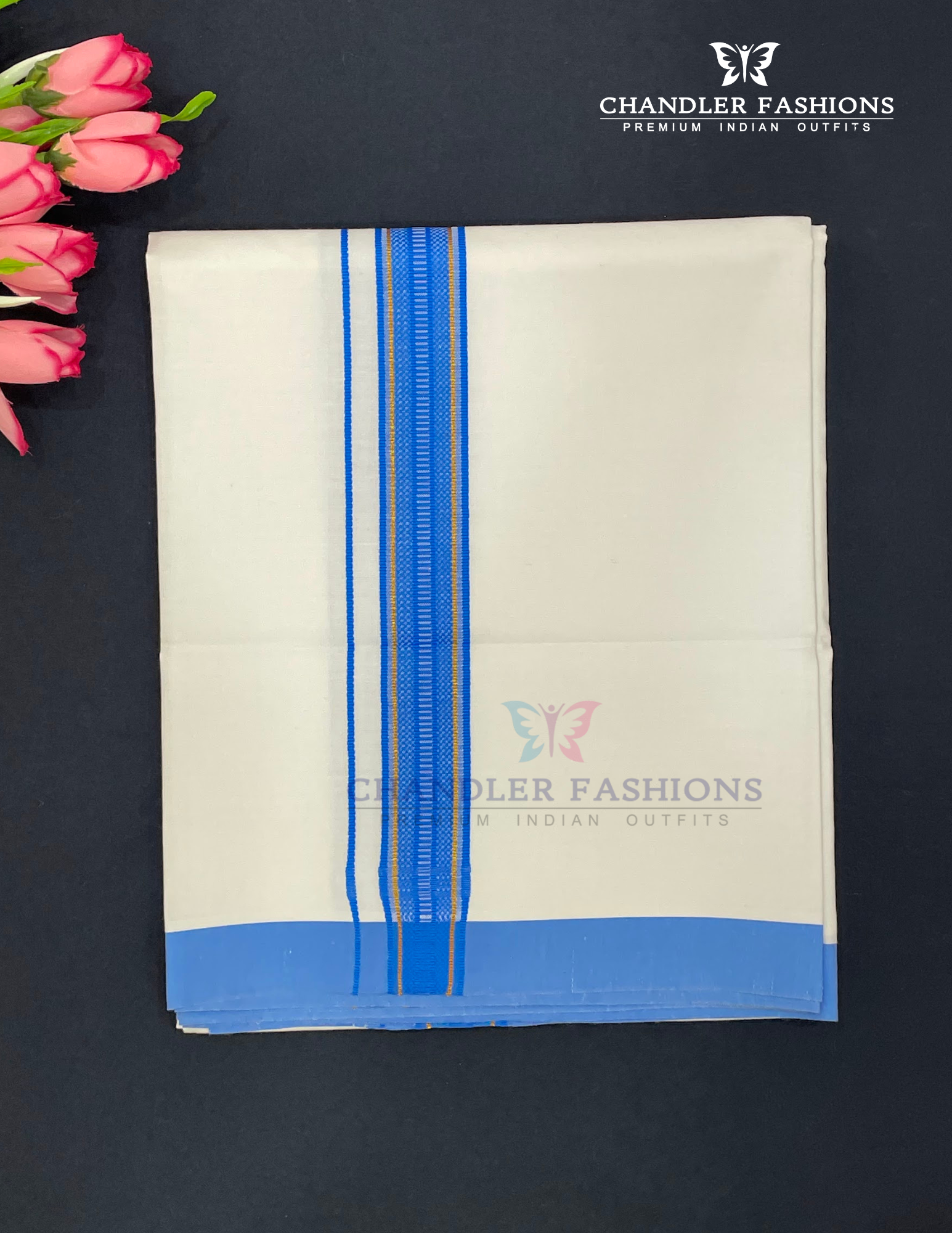 Attractive Men's White Color Cotton Dhoti With Blue Border