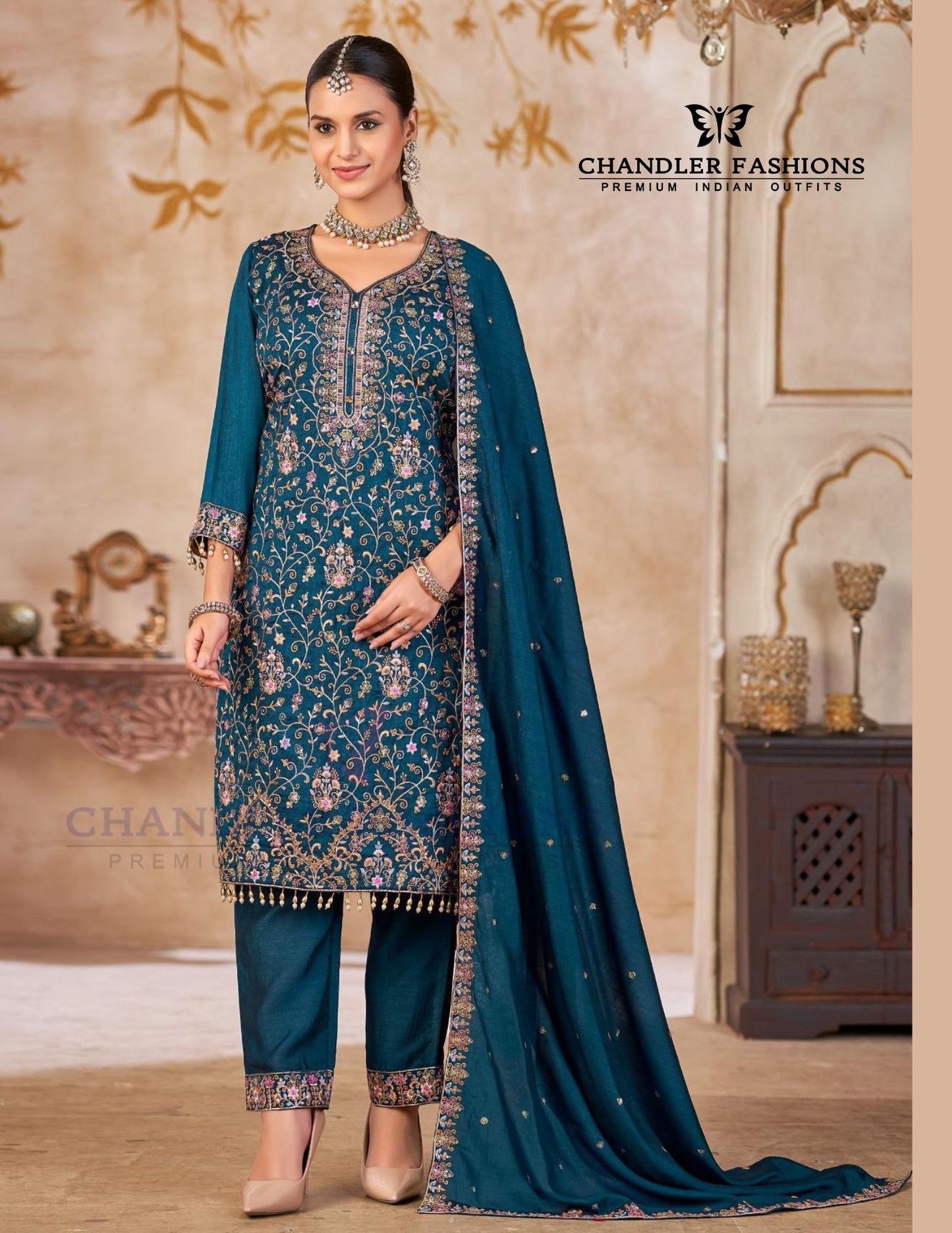 Elegant Blue Color Vichitra Silk With Heavy Embroidery Work Salwar Suits For Women