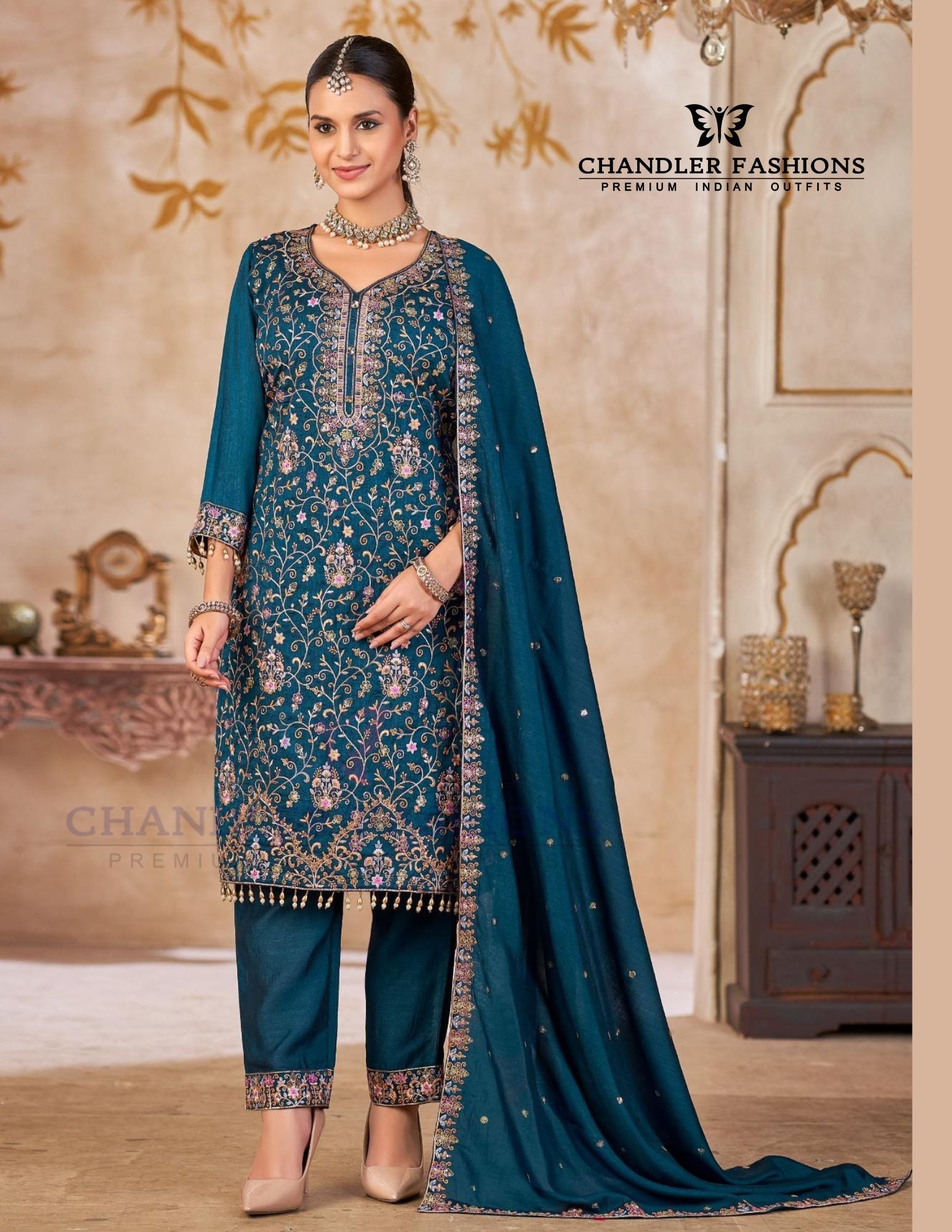 Elegant Blue Color Vichitra Silk With Heavy Embroidery Work Salwar Suits For Women