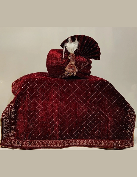 Attractive Red Color Wedding Turban With Sequins And Beads Work For Men