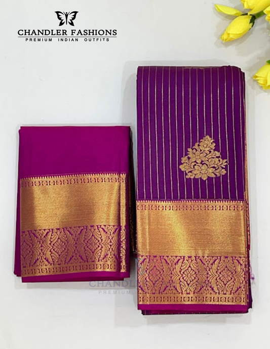 Charming Purple Color Pure Kanchi Silk With Traditional Motif Border And Gold Zari Work Saree For Women