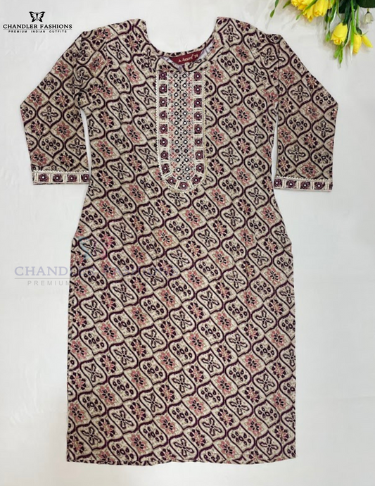 Charming Purple Color Rayon With Embroidery And Sequins Work Kurti For Girls