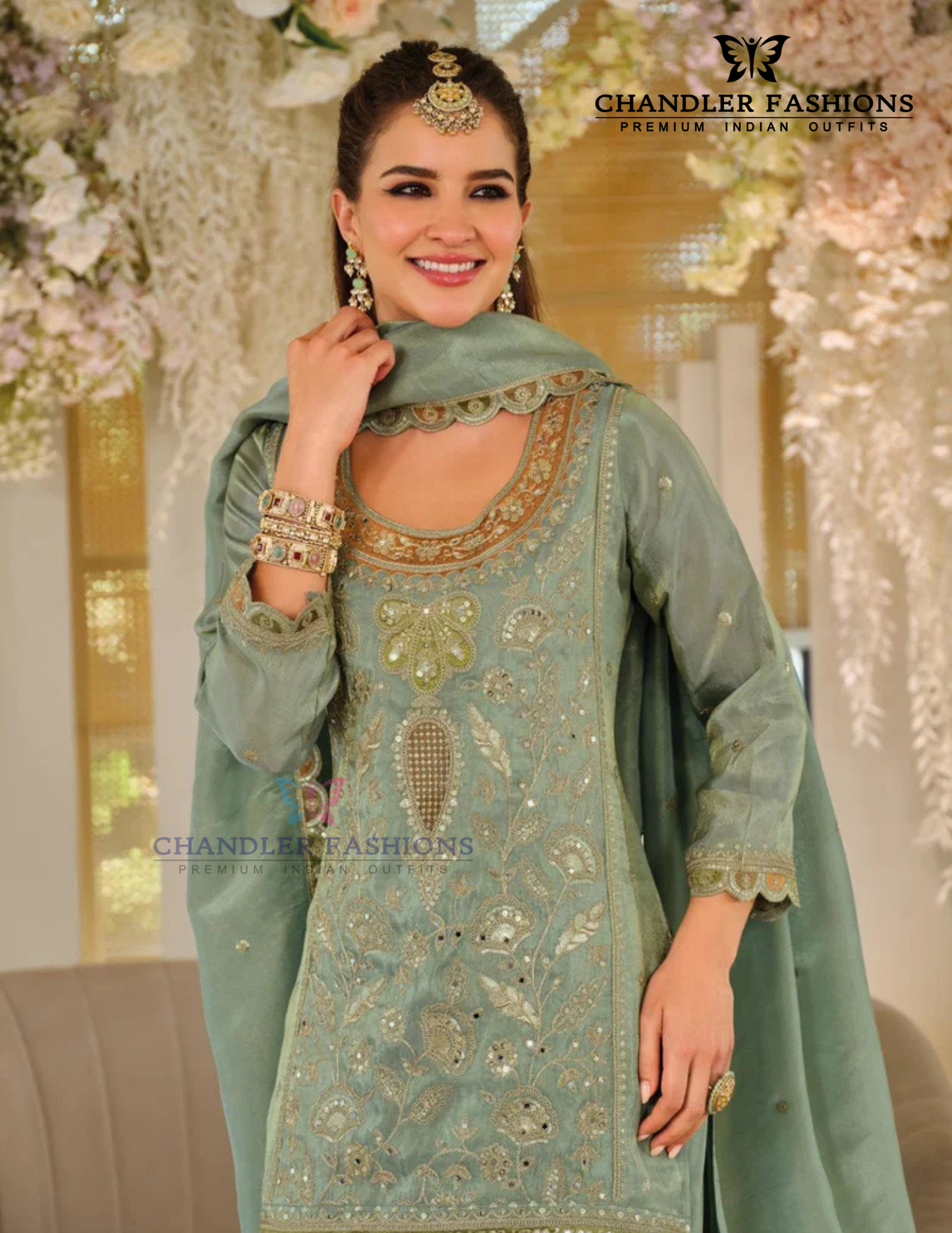 Sea Green Color Chinon With Embroidery And Sequins Work Palazzo Suit In USA